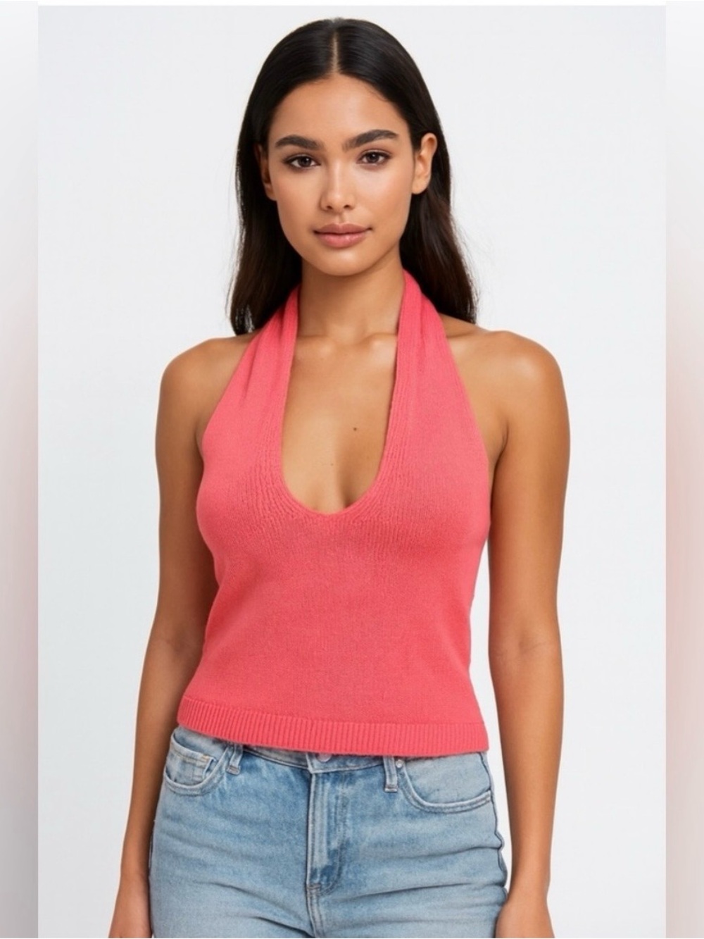 525 America Knit Halter Top Size Large Coral Pink Berry NWT Tie Back Scoop Neck